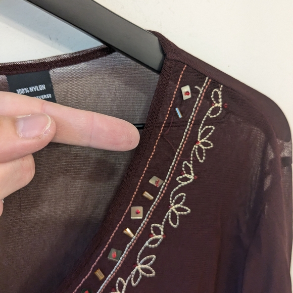 Vintage Y2K 90s New York & Co Bohemian Sheer Beaded V Neck Blouse Size Large - Picture 4 of 7